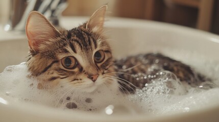 Poster - A close-up of a cat being gently bathed in a sink, with its fur wet and soap bubbles around, showcasing the care taken during the bath