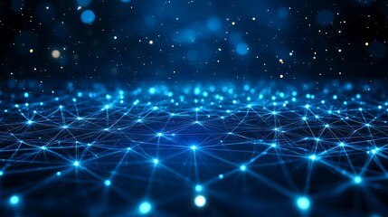 Poster - Abstract blue network background, showcasing glowing nodes and connections that represent technology and data flow.