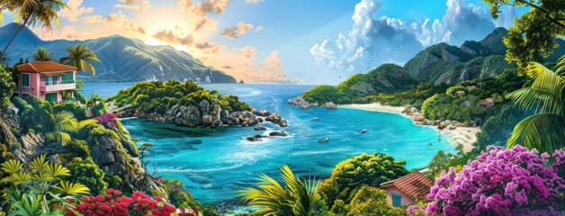 Wall Mural - Tropical paradise landscape featuring vibrant greenery and a serene beach under a colorful sky