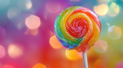 Leinwandbilder - A close-up of a single lollipop with a swirl pattern, capturing its glossy surface and vibrant colors.