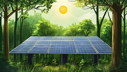 Wall Mural - Solar panels among lush green forests highlighting sustainable energy solutions in a harmonious blend of nature and technology