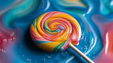 Leinwandbilder - A close-up of a single lollipop with a swirl pattern, capturing its glossy surface and vibrant colors.