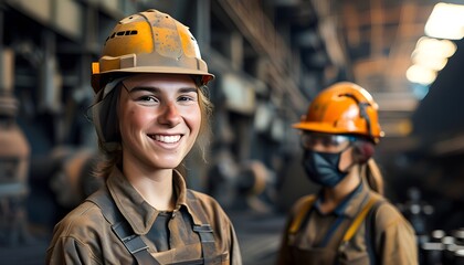 Smiling metallurgist girl in helmet at production factory, showcasing teamwork and dedication in metallurgy industry