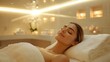 © TGEN - woman lying on a comfortable spa bed, receiving a relaxing massage from gentle, unseen hands. Realistic photography captures the serene environment, with soft lighting and soothing tones