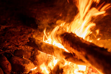 Poster - A vibrant campfire burns brightly, casting warm light around stones and wooden logs in a tranquil outdoor environment at night