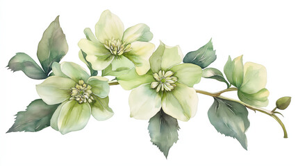 Wall Mural - Delicate watercolor illustration of soft green flowers and vibrant leaves, perfect for nature-themed designs.