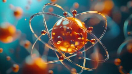 Poster - a close-up view of a 3d model of an atom, with clear visuals of protons, neutrons, and electrons in 