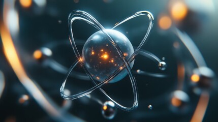 Poster - A close-up view of a 3D model of an atom, with clear visuals of protons, neutrons, and electrons in a dynamic, scientific illustration.