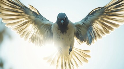 Poster - A close-up shot of a bird in mid-flight with wings spread wide, capturing the detail of feathers against a clear sky.