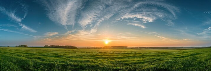 Poster - Tranquil sunrise scene with the sun rising over a lush green field and a picturesque sky decorated with wispy cirrus clouds