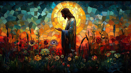 the statue of jesus in the garden. church stained glass windows.