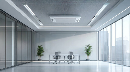 Poster - Modern office interior with large windows, sleek furniture, and air conditioning. space is bright and minimalistic, featuring plants for touch of nature