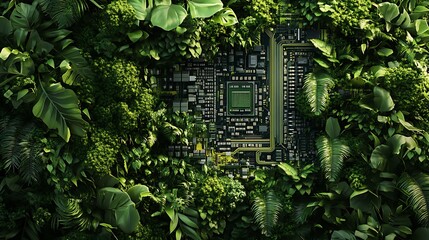 A green jungle scene with a circuit board in the center, representing the merging of nature and technology.