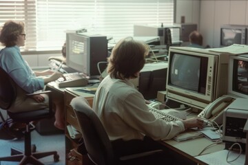 Retro workspace scene featuring vintage computers and focused employees, capturing a nostalgic moment of past office environments.