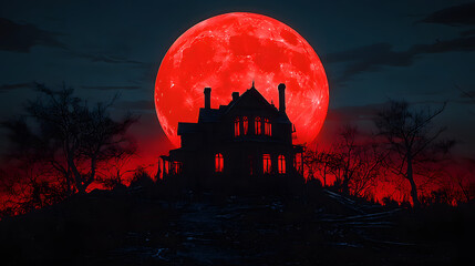 Wall Mural - halloween, creepy house with a large red moon in the background