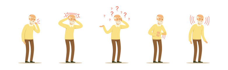 Wall Mural - Elderly Man Character Suffer from Ache in Different Body Part Vector Set