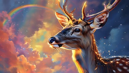 Wall Mural - Enchanted fairy deer bathed in vibrant rainbow hues