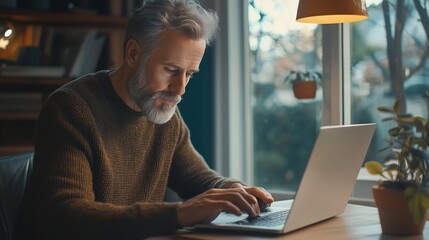 Poster - An older man works intently on a laptop at home during the late afternoon hours, surrounded by greenery and warm lighting