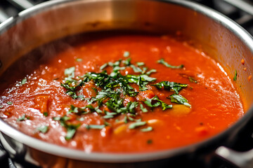 Wall Mural - A simmering tomato sauce garnished with fresh herbs in a stainless steel pan.