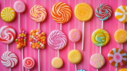 Poster - A flat lay of assorted lollipops with different shapes and flavors, arranged neatly on a colorful tablecloth or surface.