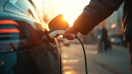 Close up hand of a man inserts a power cord into an electric car for charging battery at a charging station