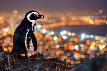 Poster - A penguin standing on top of a rock next to a city