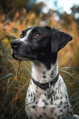 Canvas Print - A black and white dog sitting in tall grass