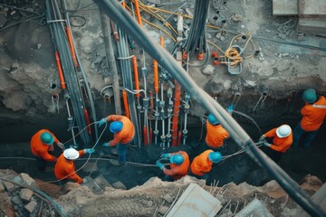 An overhead view of construction workers, in safety vests and helmets, organizing a network of pipes and cables.