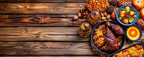 A table with a variety of food items including meat, rice, and vegetables. The table is set on a wooden surface, giving the scene a warm and inviting atmosphere