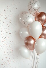 Wall Mural - Elegant white and rose gold balloons on the right side, paired with soft, scattered confetti, leaving space on the left for text