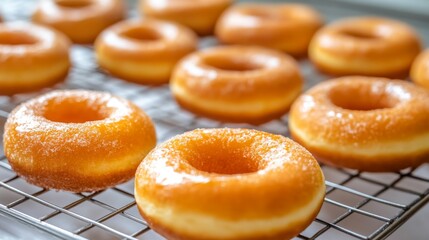 Poster - A fresh batch of donuts cooling on a wire rack, with a focus on their golden-brown texture and tempting appearance.