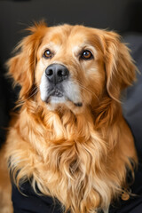 Canvas Print - A golden retriever dog sitting on a black couch