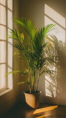 Sticker - a potted areca palm plant by the window in minimalist style of indoor plants