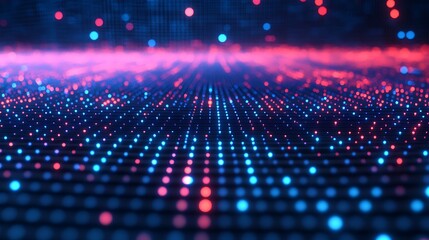 Poster - Vibrant digital landscape with glowing dots in blue and pink, representing a futuristic data visualization or abstract technology theme.