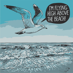 Poster - Seagull Flying Above Ocean Waves Illustration