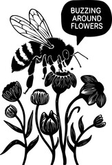 Wall Mural - Bee Buzzing Among Flowers in Black and White Style