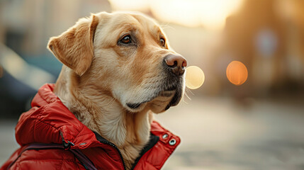 guide dog wearing red jacket , service dog with bluer effect background