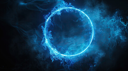 Round mystical portal, Neon light blue geometric circle on a black background, Futuristic smoke. Mockup for your logo. Wide angle horizontal wallpaper or web banner.