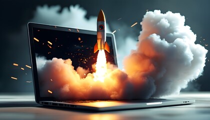 Sticker - Rocket Launching from Laptop symbolizing Innovation and Technology in the Digital Age, Embracing Limitless Possibilities