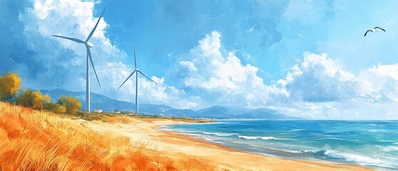 Wall Mural - Wind turbines by the sea, calm beach, golden sand, seagulls soaring, watercolor style