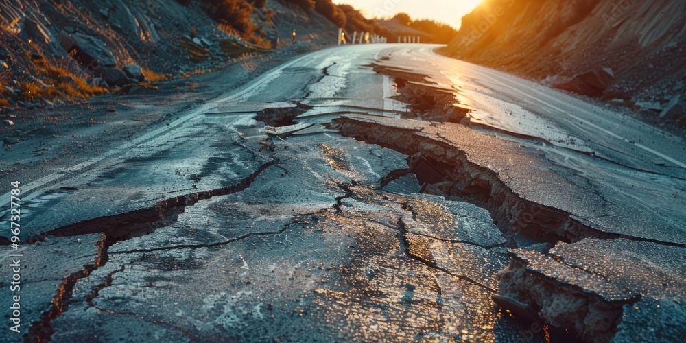 Collapsed asphalt road with cracks at the roadside Landslide on the ...