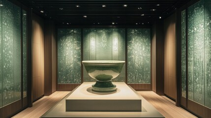 Elegant display of Korean celadon pottery in a beautifully curated museum setting with traditional vases and artifacts