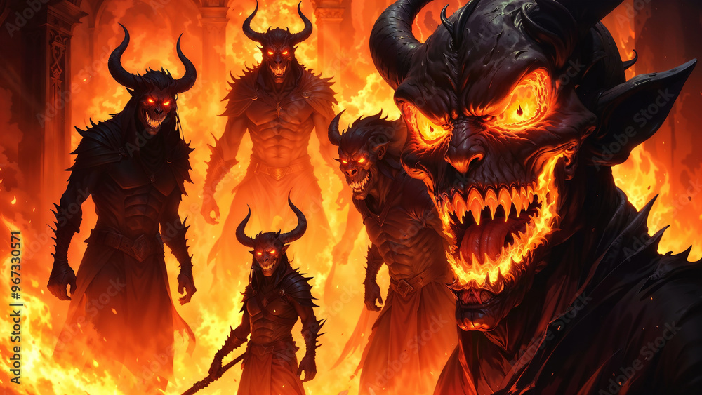 High detailed art illustration biblical concept theme. Devils and ...