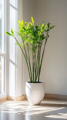 Wall Mural - a potted lucky bamboo plant by the window in minimalist style of indoor plants