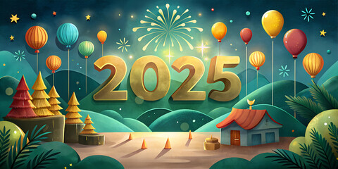 Wall Mural - 2025 new year celebration background with bright fireworks