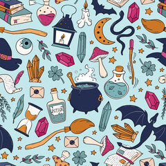 Halloween doodles seamless pattern, witchcraft elements, potions, cauldrons, mushrooms, crystals pattern for textile pritns, wallpaper, wrapping paper, scrapbooking, stationary, covers, backgrounds