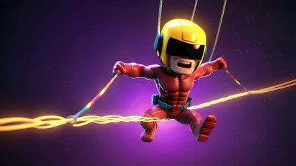 A fiber optic cable character swinging across the scene on a rope made from wires, wearing a helmet and looking thrilled, with sparks of colorful light coming from its connectors as it zooms around.