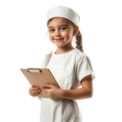 Poster - A girl dressed as a nurse, holding a clipboard and smiling warmly