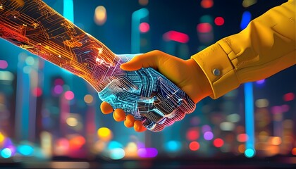 Dynamic digital handshake representing collaboration and connectivity through cutting-edge technology in todays innovative landscape.