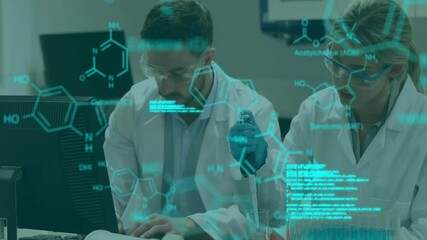 Poster - Animation of data processing and chemical formula over diverse scientists working in lab